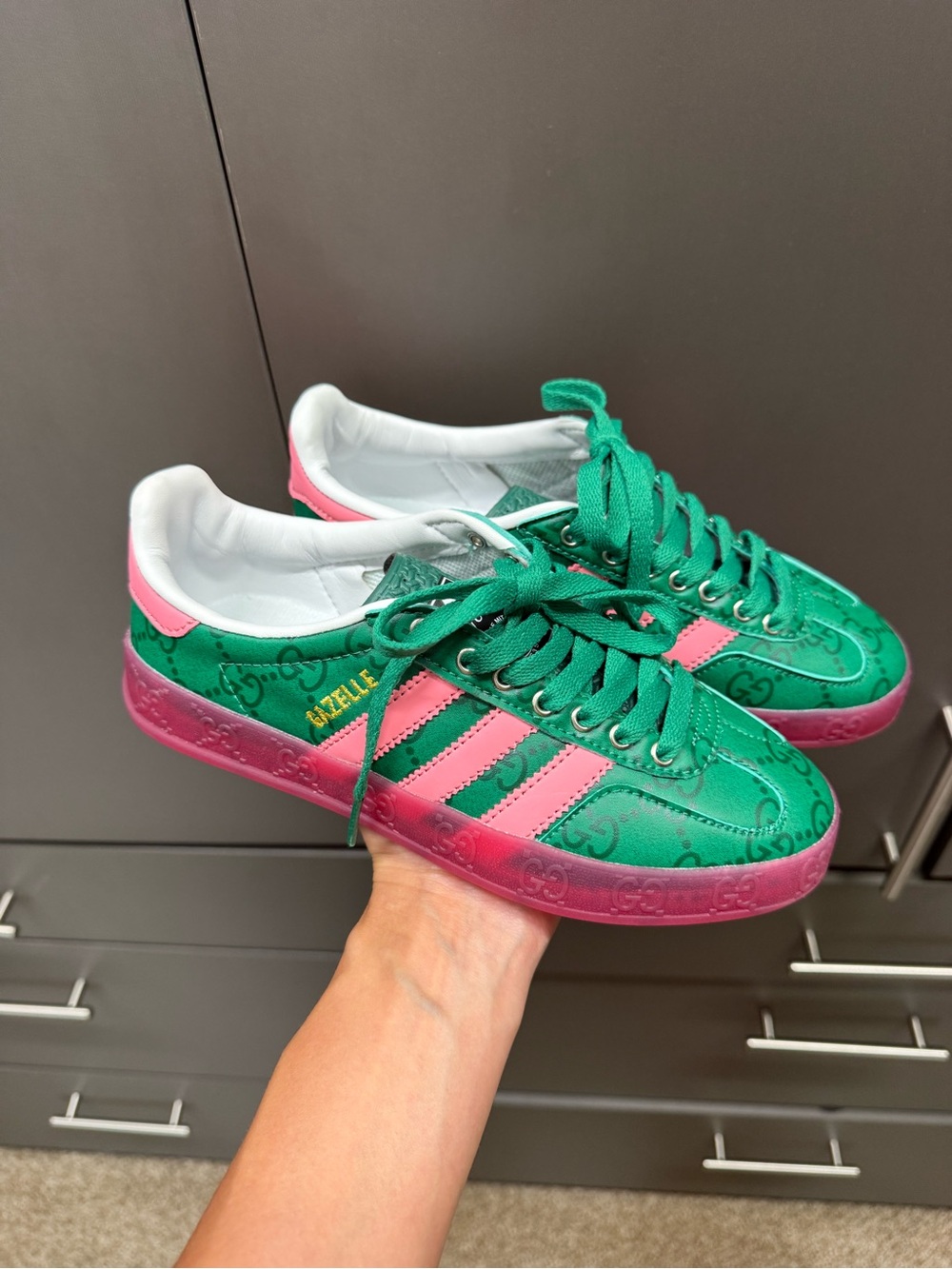 Green and Pink Low-Top Sneakers with Signature Monogram
